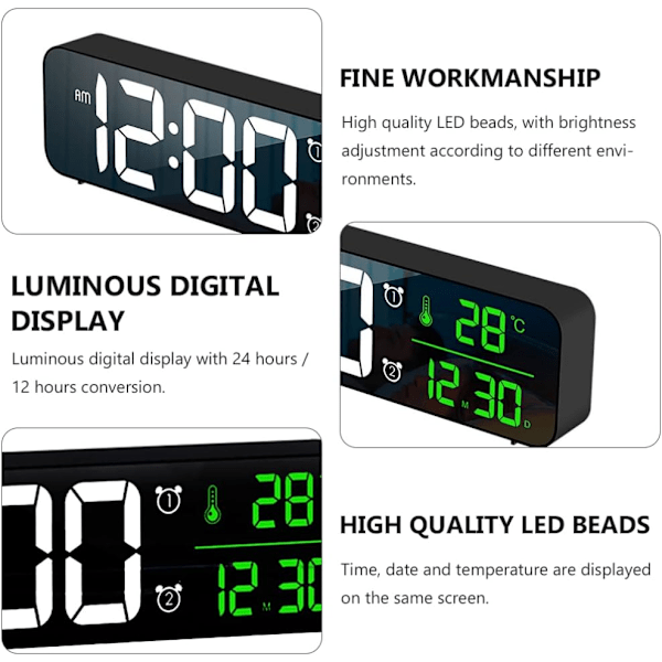 Digital väckarklocka för vardagsrum, kontor, sovrumsdekor, LED elektronisk klocka, datum, temperaturvisning, modern skrivbordsklocka, automatisk ljusstyrka, svart