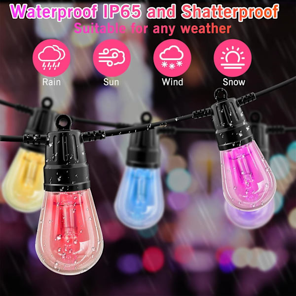 Utomhus ljusslingor, RGB varmvit uteplatsbelysning 49ft 20 LED-lampor, fjärr- och appstyrning, färgväxling, IP65 vattentäta hängande lampor för