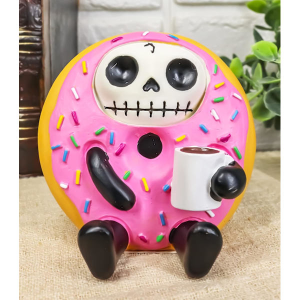 Ebros Gave Furrybones Donatsu Jordbær Drys Rund Donut Skelet Med Mælk Figur Figur Furry Bones Kranier Skeletter Skulptur