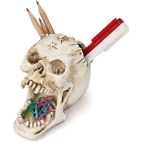 Kranium ncil Holder Makeup Penselholder Resin Skelet Hjemmekontor Halloween Dekoration, Opbevaringsbeholder til Kontorartikler, Sparepenge, Nøgler Beige Beige