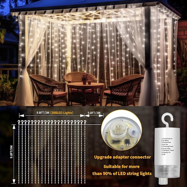 Uppgraderade 300LED gardinlampor batteridrivna utomhus vattentäta, 10ftx10ft Twinkle hängande vattenfallslampor med fjärrkontroll, 8 lägen vitt