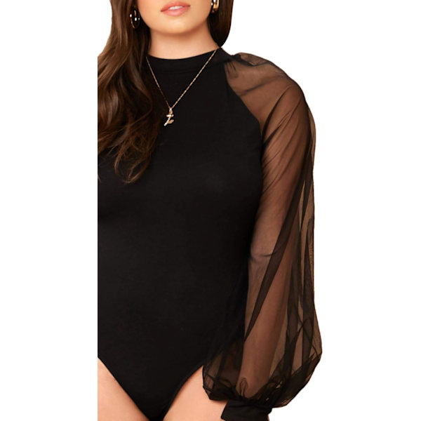 Kvinders Plus Size Sexet Mesh Lanterne Langærmet Mock Neck Clubwear Bodysuit