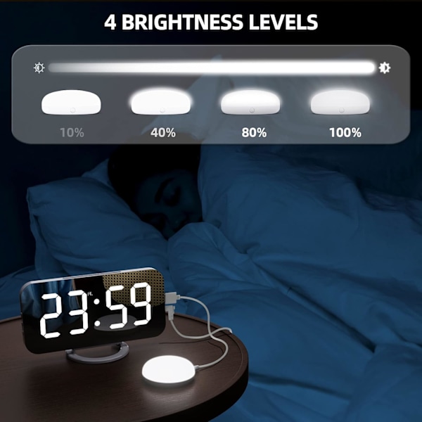 Hög digital väckarklocka för tunga sovare vuxna med sängvibrator, 2 USB-laddare, justerbar LED-lampa, snooze, larm, klocka för sovrum, vit
