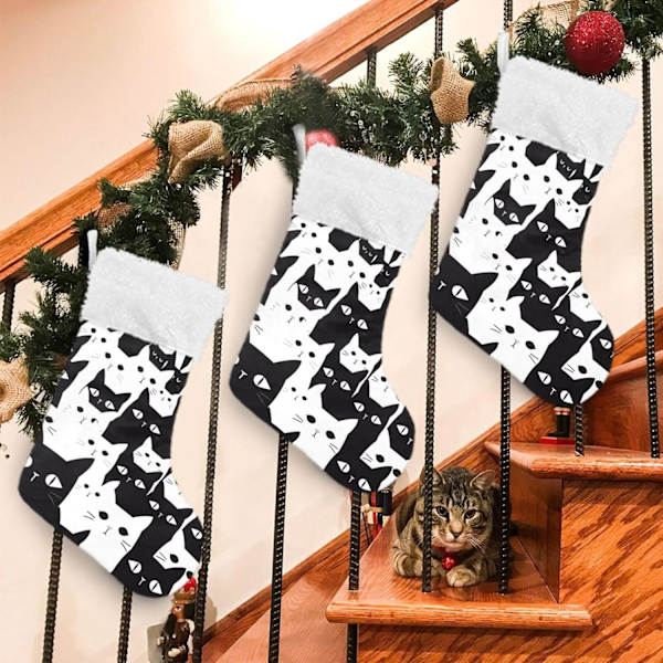Julklapp, personliga julklappsstrumpor 2-pack Svart katt Vit 45,7 cm Julstrumpor Hängande Ornament Eldstad för träddekoration