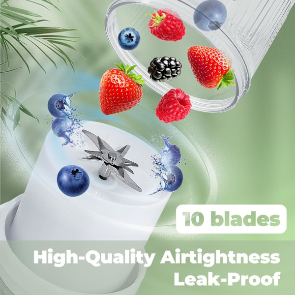 Kompakt Personlig Blender, Bærbar 50W 10 Blade 350ml USB Genopladelig til Juice Shakes Smoothies, Milkshakes, Madlavning og Frosne Blandinger