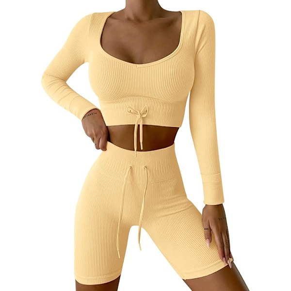 Workout Sets for Women 2 Piece Seamless Long Sleeve Crop Top Ribbed High