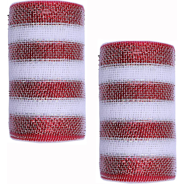 2 pakker 6 tommer metallisk poly mesh bånd (totalt 20 meter, hvid/rød)
