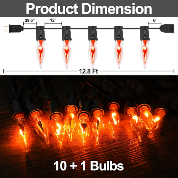 -Flimrende flammelyskæde til indendørs og udendørs brug, 12,8 fod C7 retro-flimrende flammelys-kæde med 10 flammelyspærer (E12-pærer, sort ledning)
