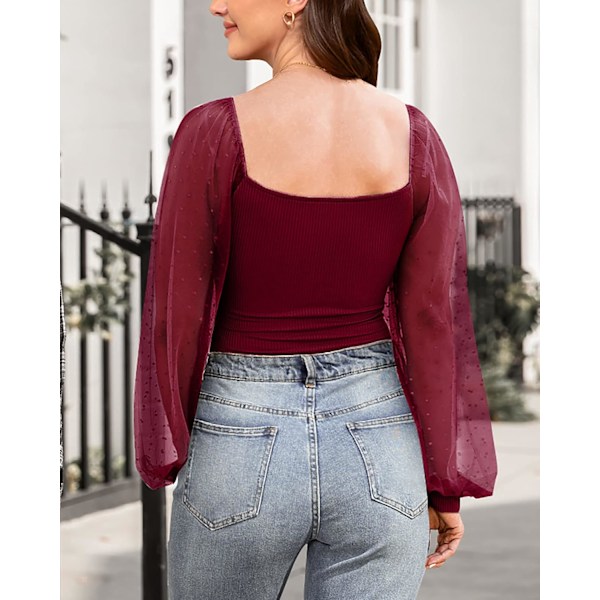 Kvinners Mesh Puff Langærmet Skjorter Topper Scoop Hals Sveitsiske Prikker Sheer Slim Fit