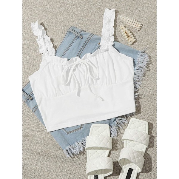 Kvinners Volang Trim Stropp Bånd Knute Ruched Front Bustier Crop Top