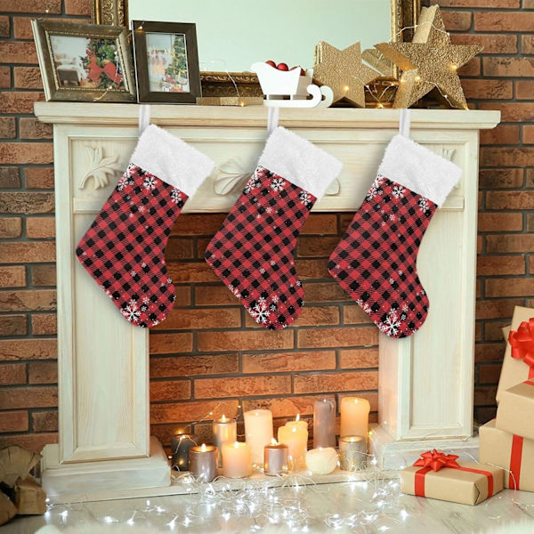 Julklapp, personliga julklappsstrumpor 2-pack Jul Snö Röd Buffel Rutig 45,7 cm Julstrumpor Hängande Ornament Eldstad f