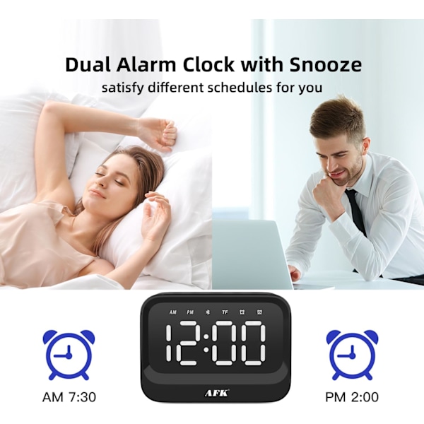 Väckarklocka med Bluetooth-högtalare för sovrum, högljudd digital klocka för tunga sovare, vuxna, skrivbord med dubbla larm, stor svart