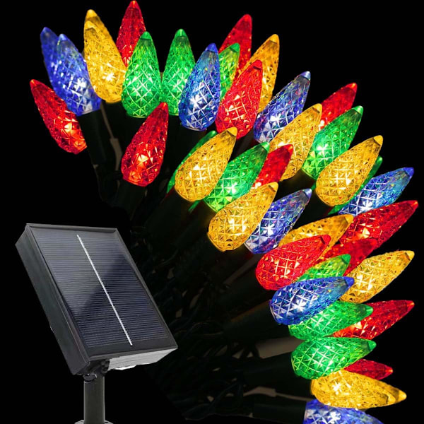 Solcelledrevne julelys, 50 LED 8 tilstande C6 jordbær flerfarvede lyskæde vandtæt genopladelige udendørs have fe lys til