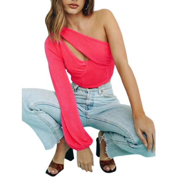 Kvinnors sexiga one shoulder cut out biskopslångärmad crop tee blus topp