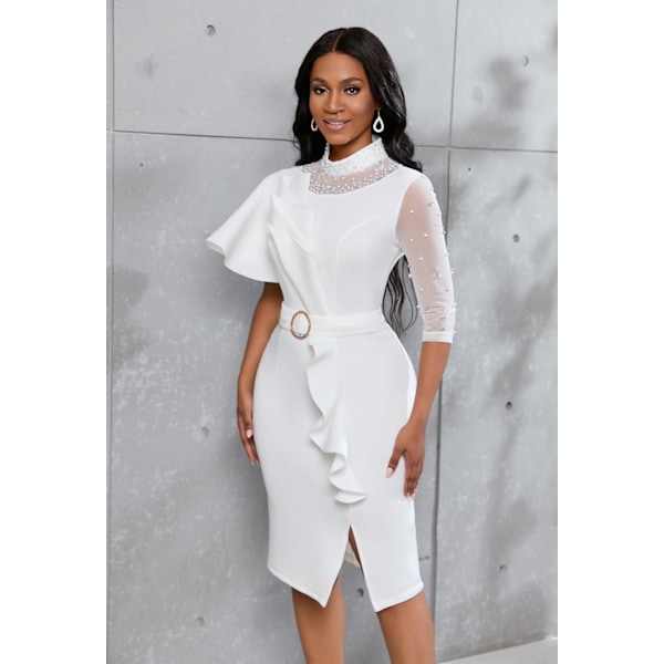 Mesh Patchwork Midi-klänning Dam Bead Långärmad Volang Bal Klänning