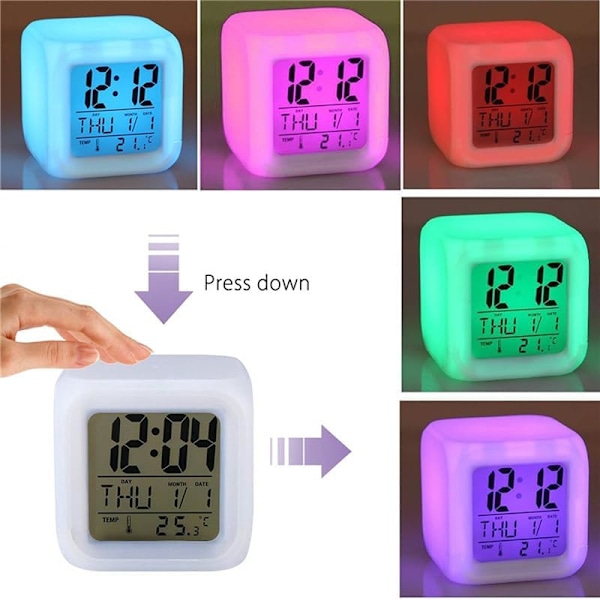 7-färgad LED-väckarklocka med datum, larm, termometer, heminredning, skrivbordsväckarklocka, söt sovande sengångare, vit