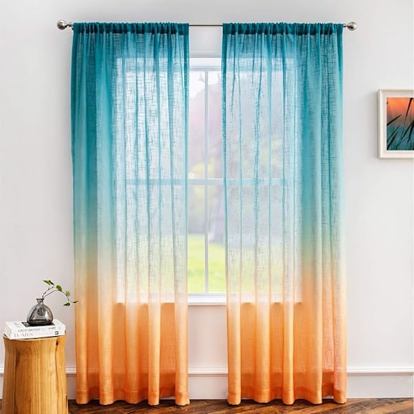 Linne-texturerade Ombre Gardiner - 134,32cm x 213,36cm Halvtransparenta Paneler (Set om 2) - Solnedgångsgradient i Orange/Grön/Blågrön/Mint