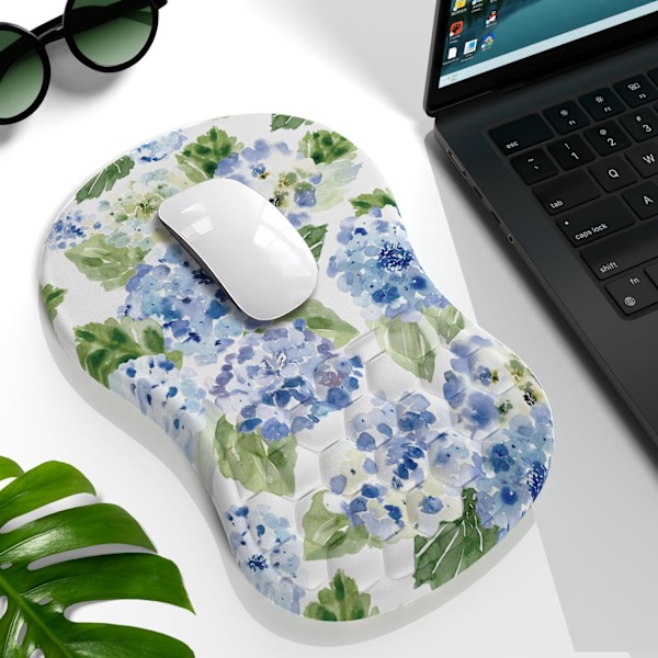 Blå Hortensia Ergonomisk Musmatta med handledsstöd, Vit Söt Blå Blommig Musmatta Kawaii Handledsstöd Smärtlindrande Musmatta med Minnesskum Blå