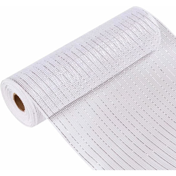 Metallic Deko Mesh Bånd 10 tommer X 30 fod (10 Yards) - Dekorativt Bånd Hvid