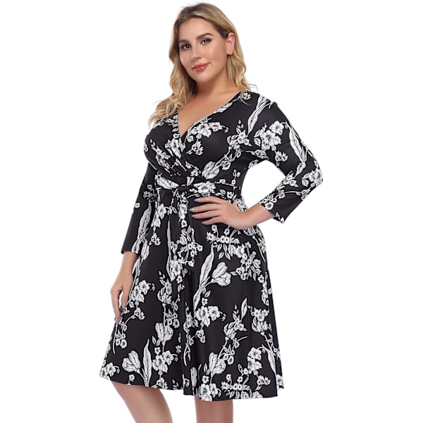 Dam V-ringad 3/4 ärm A-linje Midi Faux Wrap Plus Size Cocktail Party Swing