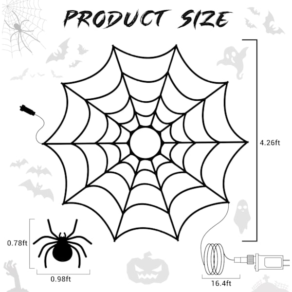 Halloween Spindelvæv Lys med Sort Edderkop, 4.26FT Diameter 84 LED Orange Lilla Web Lys med 8 Tilstande, Vandtæt med Timer Plugin