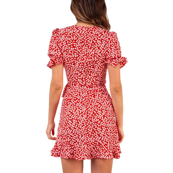 Kvinde Kjoler Blomster Print Dyb V-hals Kort Klokkeærme Ruffle Wrap Tie Knude