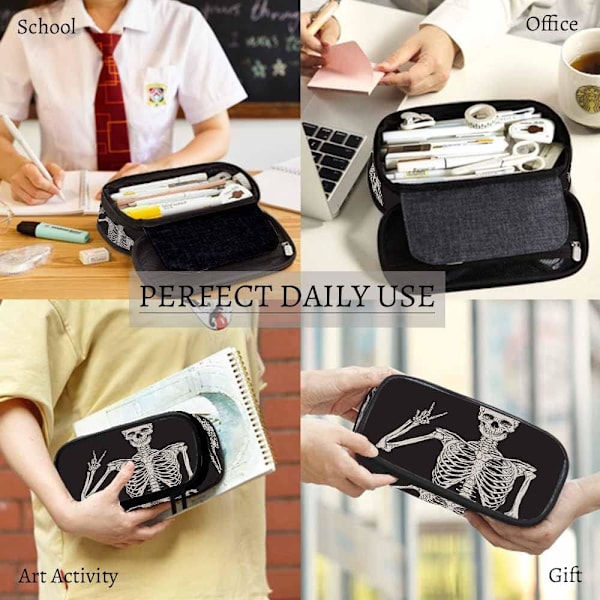 Humn Skeleton Posing n Bg Rock Roll Skull Boho Hippie Lrge ncil Cse Big Cpcity ncil Pouch ncil Holder Blck MultiColor-15 MultiColor-A15