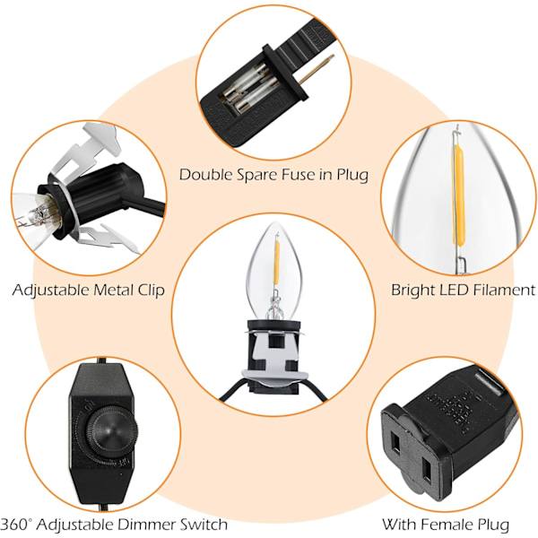 Tillbehörsladd med 9 LED-lampor, 18ft julbybelysningssladd med dimmerbrytare, C7-formgjutna lampor för julbyhus,