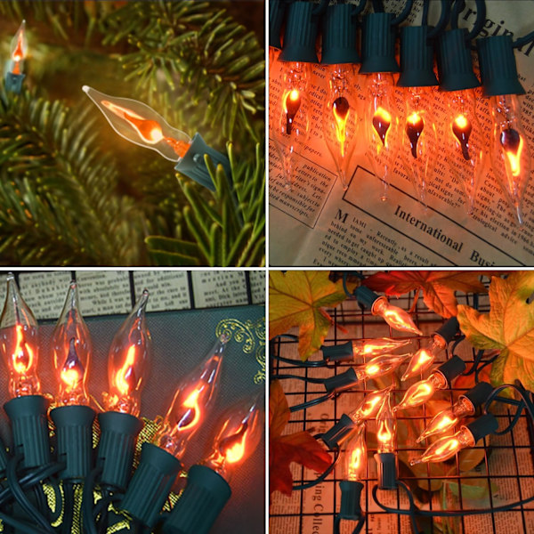 Ljus - Flimrande flamslingor, 12,8 fot C7 Retro Halloween-ljus inomhus utomhus, Twinkle Flame String Lights med 12 st E12-baserade flammor