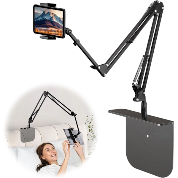 Justerbart Tabletstativ för Sängen - Vikbart Telefonhållare för Sängen Liggande, Sängbord Tablet Skrivbordsarmfäste för Kindle, Ipad Mini, iPhone Svart