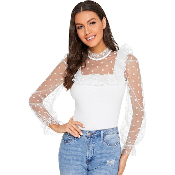 Kvinners Mesh Puff Erme Høy Hals Slim Fit Fest Bluse Topp