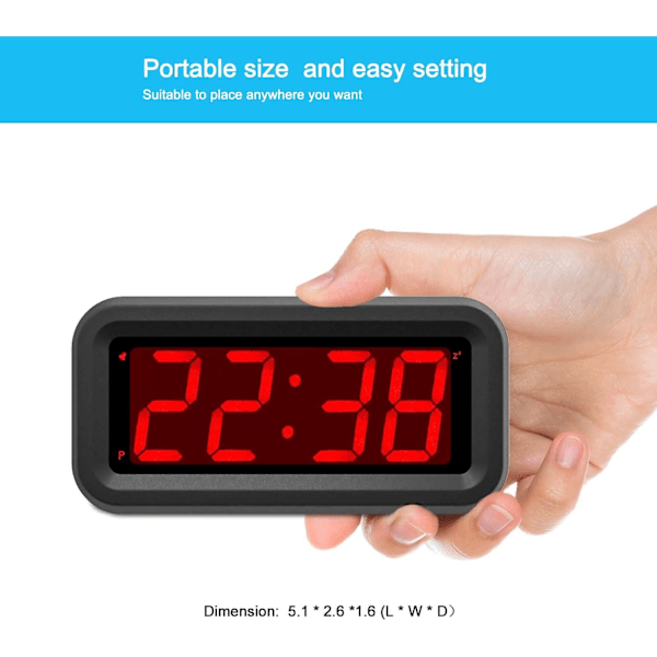Digital väckarklocka endast batteridriven, LED-stor display, 2-nivåers ljusstyrkedimmer, 4 AA-batterier håller klockan igång i mer än 12 månader, svart
