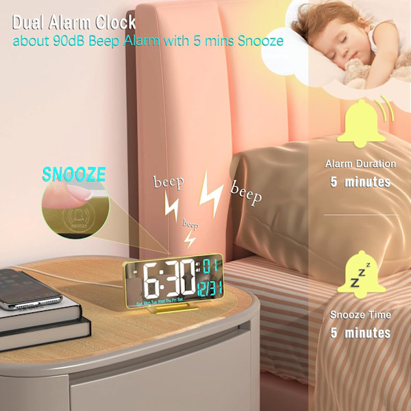 Dubbel väckarklocka 6,7 tum guld bordsur med dimning, 12/24h, sekunder, datum, veckodag, temp, digital LED-klocka för sovrum, digital kalender