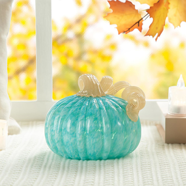 Glitzhome 6\" D Handblåst Rund Turkos Glaspumpa, Thanksgiving Glaspumpa Höst Pumpa Bordsdekoration Skördeglas Pumpa Figur Glas 6\"d