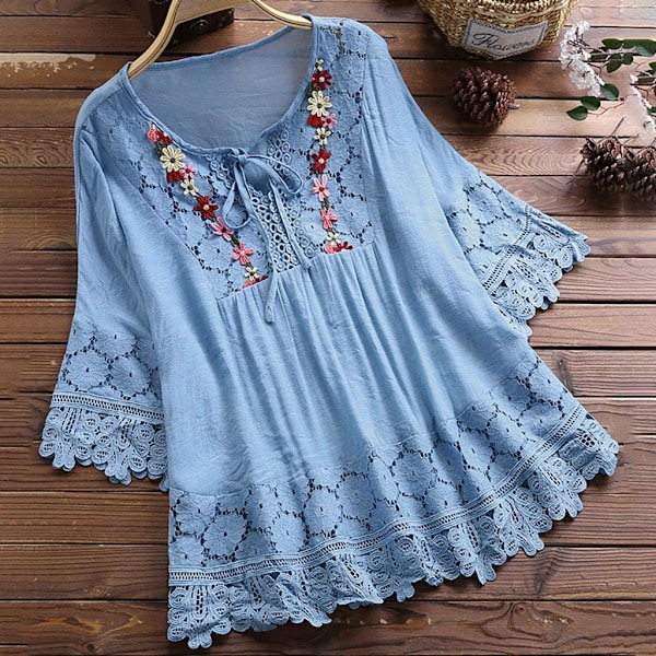Kvinners blonder patchwork bluser plus size t-skjorte v-hals 3/4 ermer topper løs