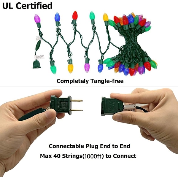 Udendørs C7 LED julelys flerfarvet kommerciel kvalitet jordbær ferie streng lys farvet, 50LED grøn ledning 23Ft Heavy-Duty bryllup