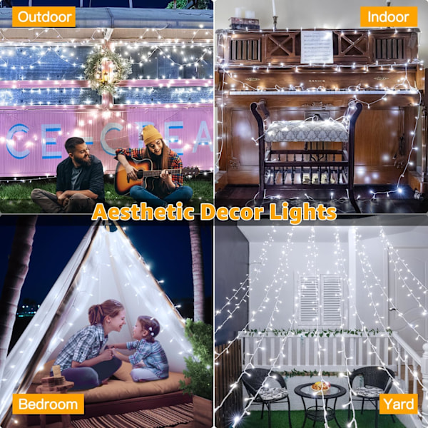 Strenglys 120LED 40FT, Kald Hvit Fe Lys Vanntett Koblebar Timer, 8 Moduser Plug in Julelys for Soverom Utendørs Fest Kjølig