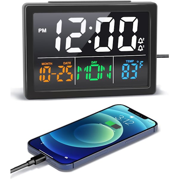 Digital väckarklocka, med 5,5\" stor LED-tidsdisplay, justerbar larmvolym, 6 nivåer ljusstyrka, larminställningar, USB-laddare, temperatur 5,5\"