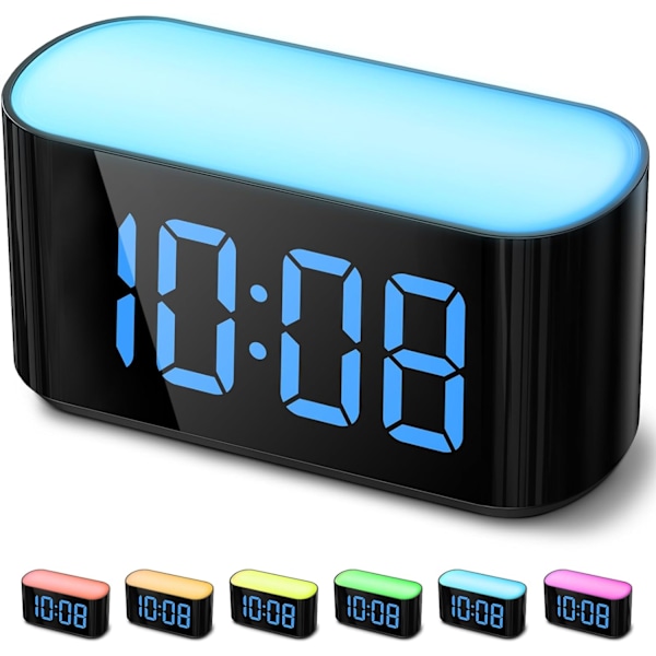 Digital väckarklocka för sovrum - Stor display lätt att läsa över rummet, 7 större färgade nattljus, dubbel alarm, dimmer, True Baery Blue