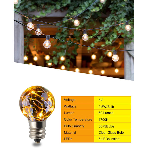 58FT Udendørs Lyskæde Lav Spænding 5V, G40 LED 50 Glas Globe Pærer (3 Ekstra), E12 0,5W Vejrbestandig Ledning Elektrisk Hængende Bistro