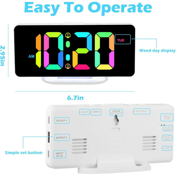 RGB Digital väckarklocka för sovrum med färgskiftande nattlampor, dubbla larm med snooze, dimmer, justerbar larmvolym, dubbla USB och
