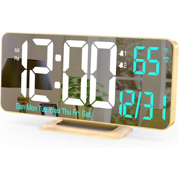 Dubbel väckarklocka 6,7 tum guld bordsur med dimning, 12/24h, sekunder, datum, veckodag, temp, digital LED-klocka för sovrum, digital kalender