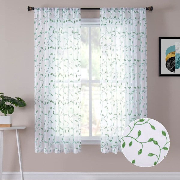 Green Leaf Brodery Skin Curtains - Set med 2 paneler (54 x 45 tum)