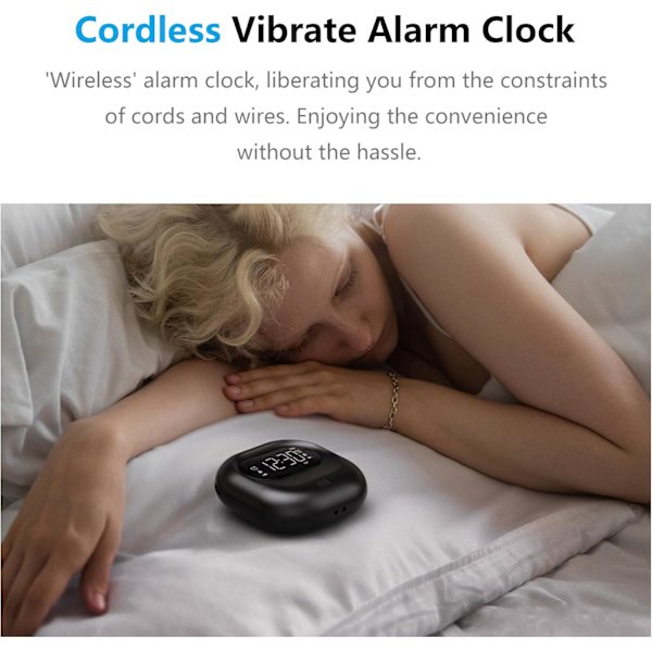 Vibrerande väckarklocka för tunga sovare, Baery-driven uppladdningsbar sängvibrator under kudde, veckodag/helg dubbla larm, trådlös, sladdlös,