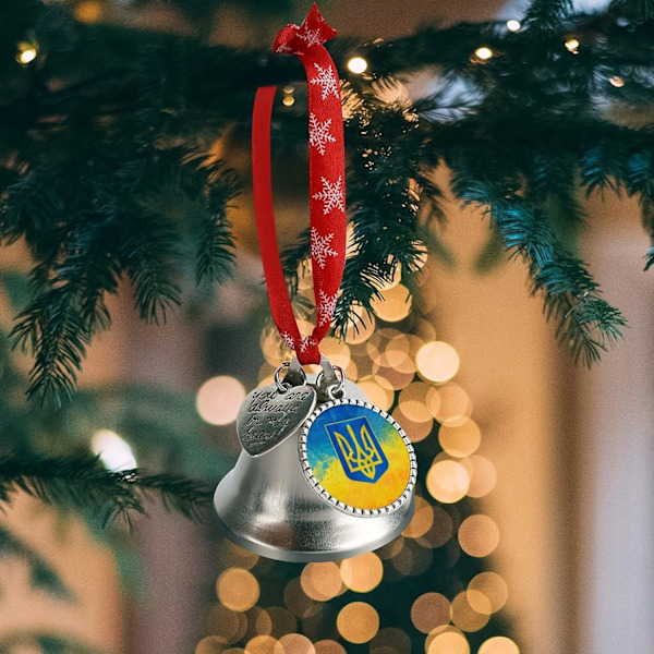 Ukrainsk flag sølv klokke ornament juletræ klokker med rød snor metal juleophæng dekorationer til feriefest kærlighedsklokke kærlighedsklokke