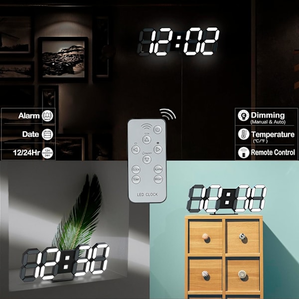 LED-väggklocka för sovrum 15\" Stor digital klocka för vardagsrumsinredning Modern skrivbordsklocka med alarmklocka/fjärrkontroll/dimmer/tid/datum/temp(svart