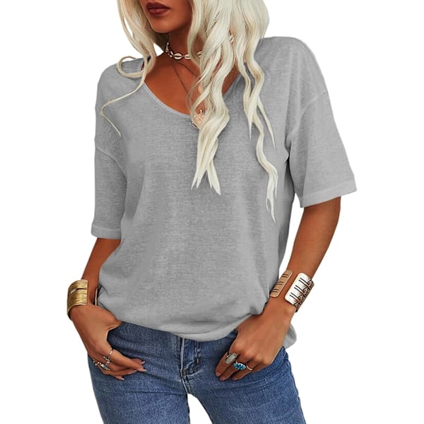 Kvinde Sommer Mode V-hals Halv ærmer T-shirt Solid Casual Løs Basic