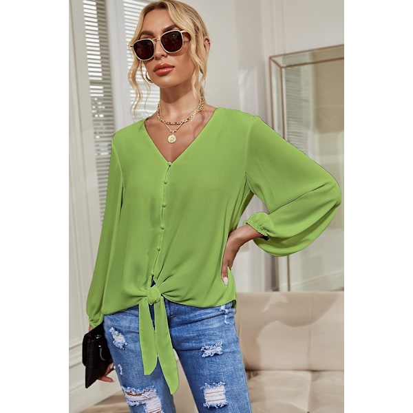 Kvinners Knappet Ned V-Hals Sløyfe Knute Front Topper 3/4 Erme Chiffon Casual Bluse