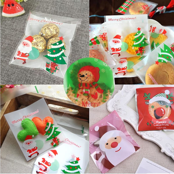 200 gjennomsiktige julekakeposer med klistremerkedesign
