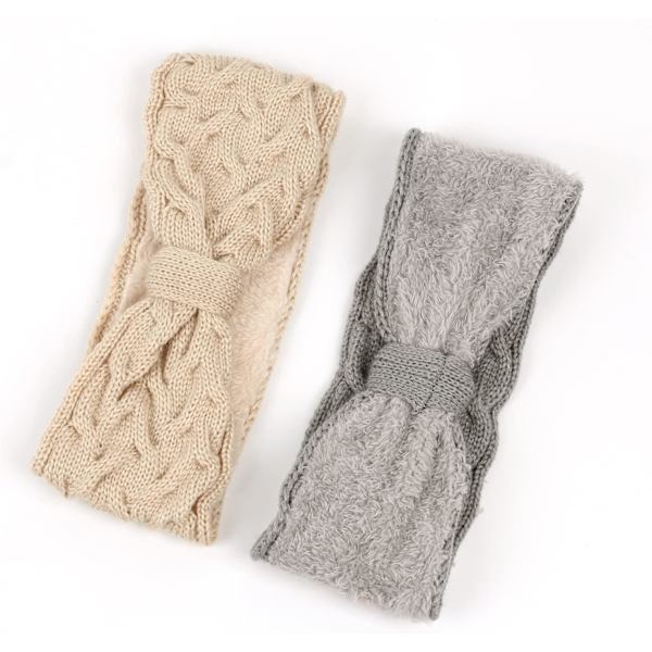 Dame strikkede pannebånd. Fleece Twist ørevarmere. Ensfarget sløyfe elastisk